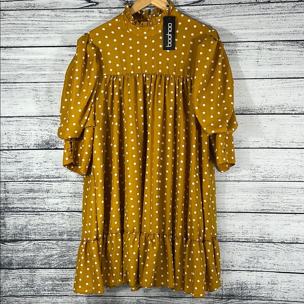 NWT-Boohoo -Puff Sleeve Ruffle Neck Mustard Polka Dot Dress